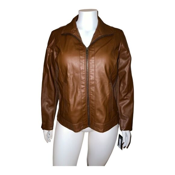 Kenneth Cole Womens Plus Size Faux-Leather Jacket Caramel Brown 1X NWT - Picture 1 of 8